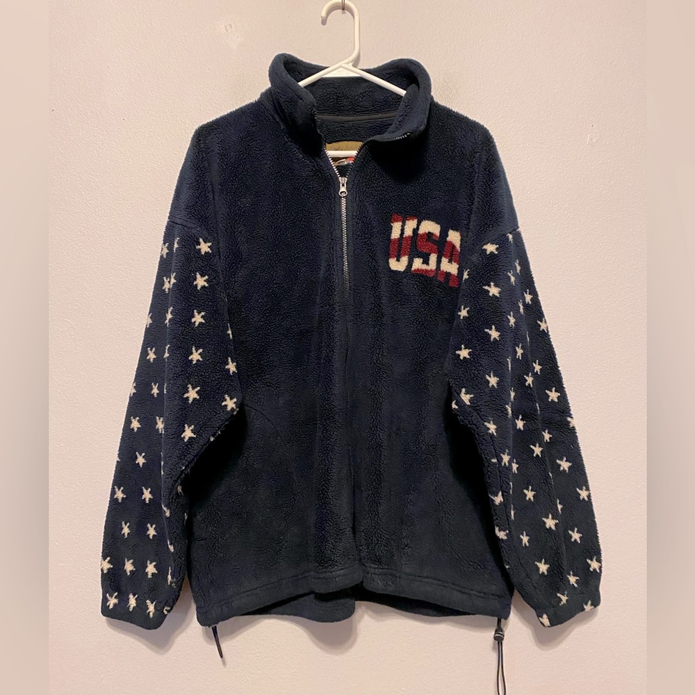 VTG Bear Ridge Outfitters Fleece Jacket Full Zip Sz Large Patriotic USA Flag